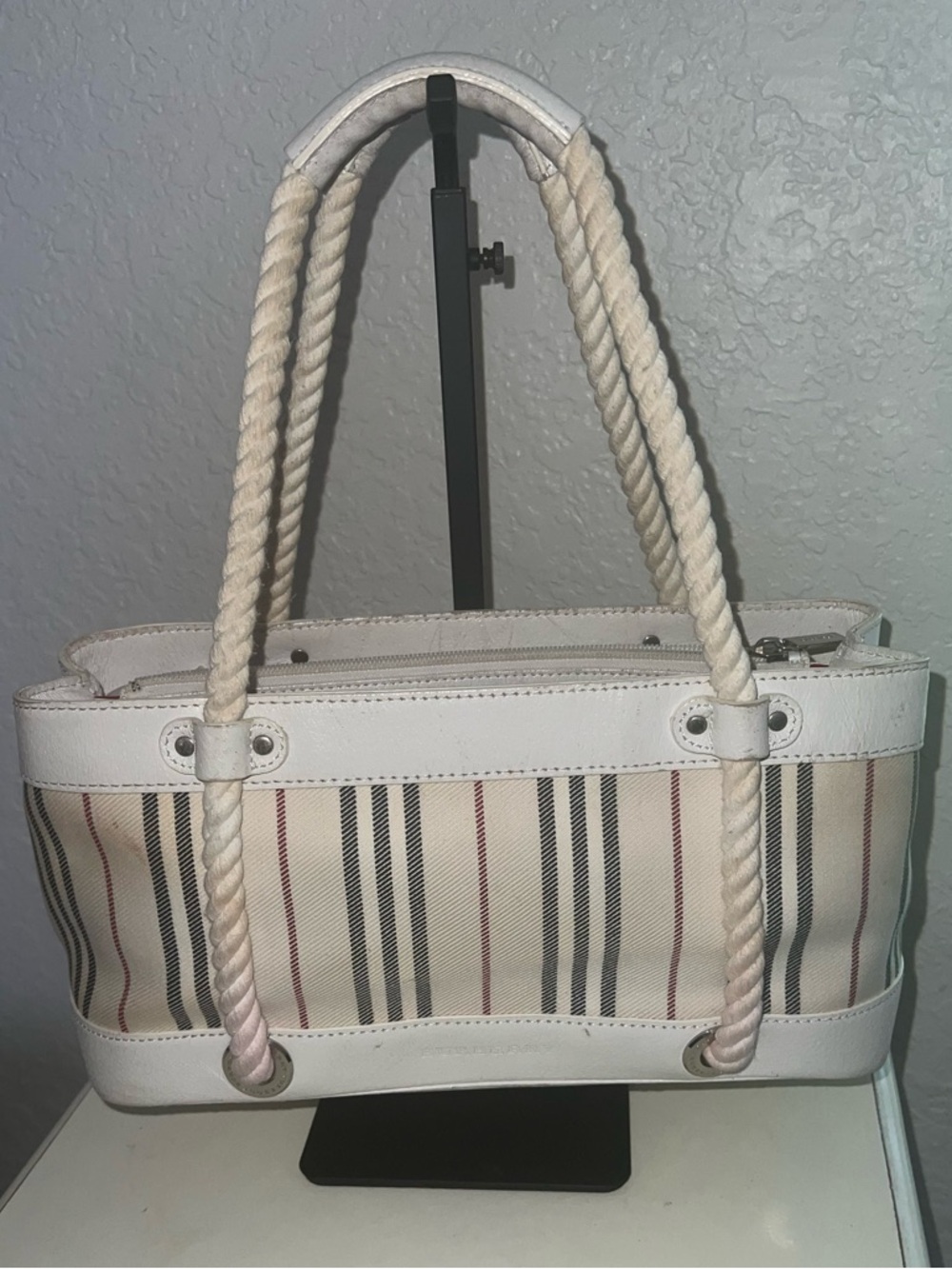 Burberry White Stripe Canvas Tote with Rope Handles